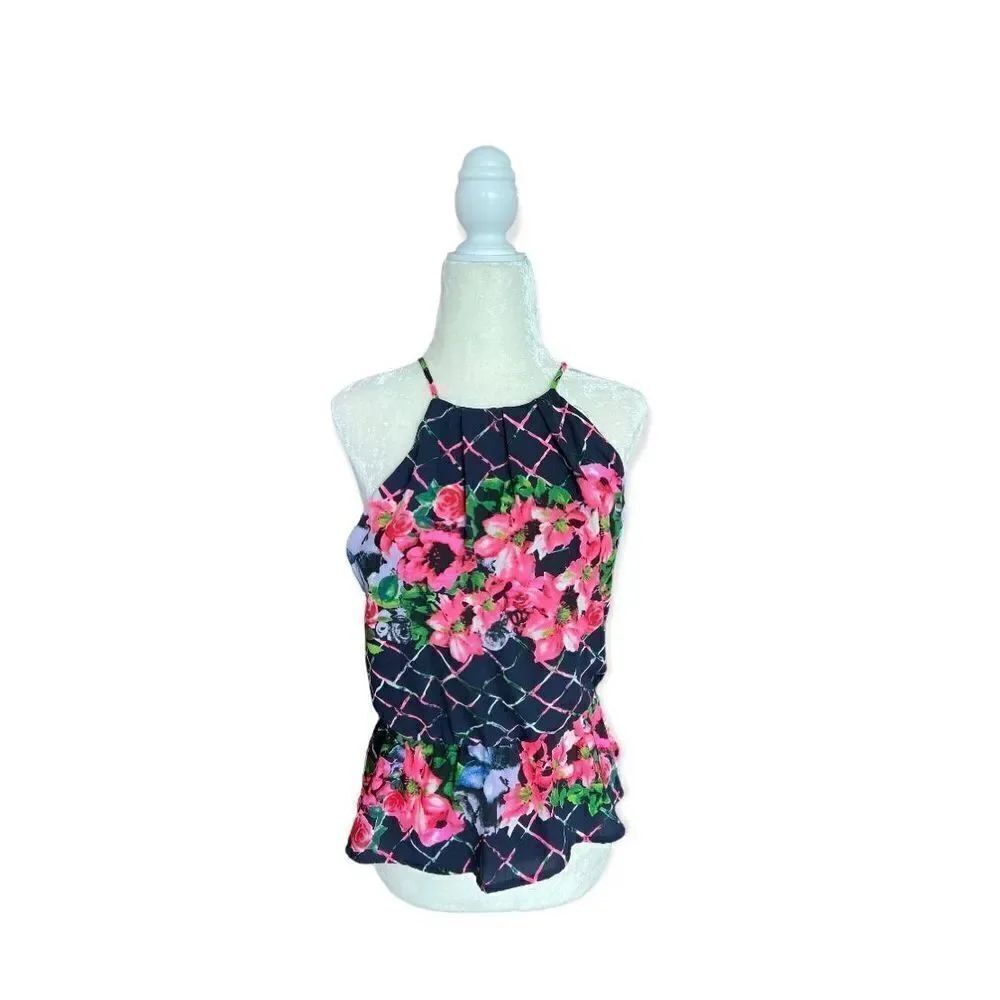 Womens Agaci Floral Windowpane High Neck Peplum Top - Sz S